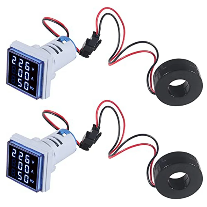 2PCS Current Voltage Hertz Meters, Digital 3In1 22mm Voltmeter Ammeter Hz Meter AC 60-500V Current Frequency Indicator