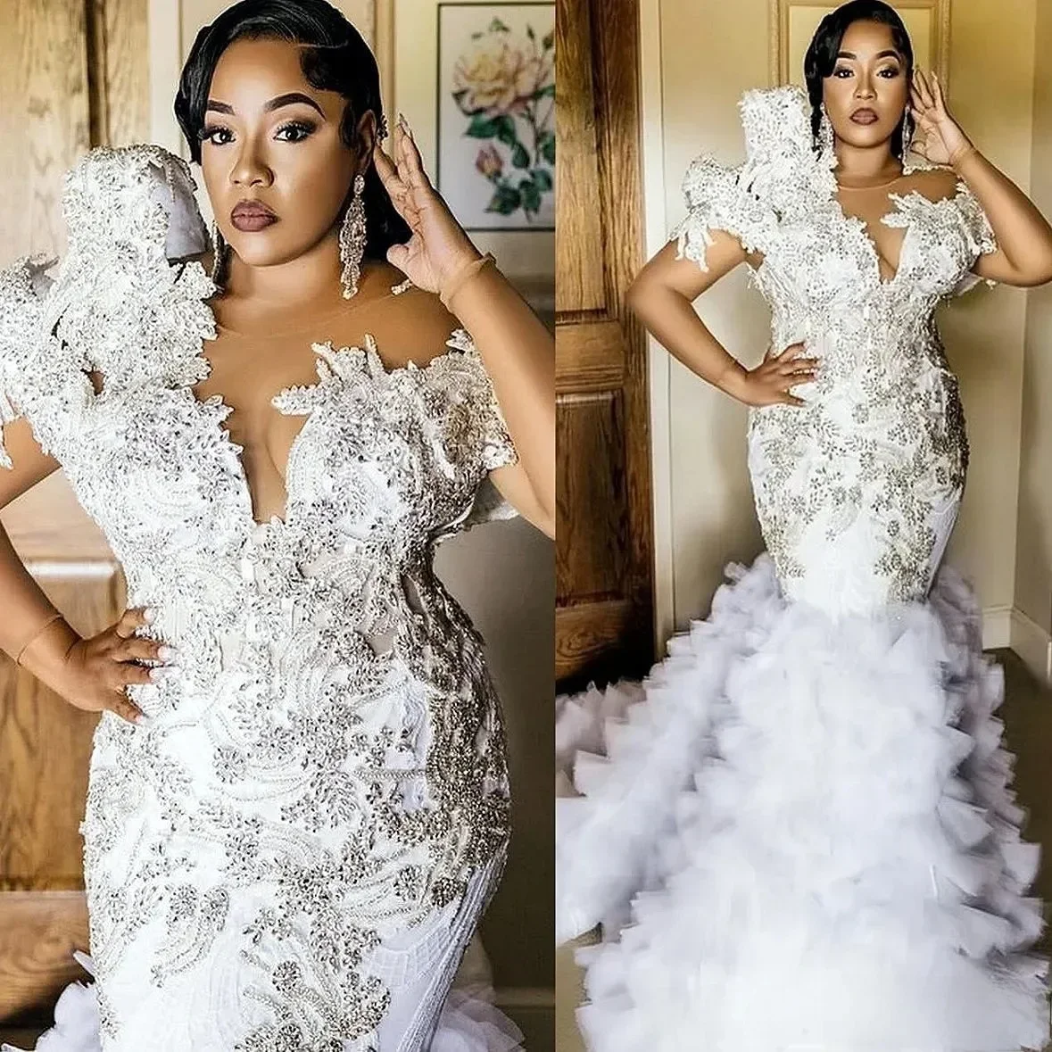 Customized Arabic Aso Ebi Plus Size Ivory Bridal Dress Crystals Lace Sleeveless Tiers Tulle Luxurious Bride Gowns DressesBride