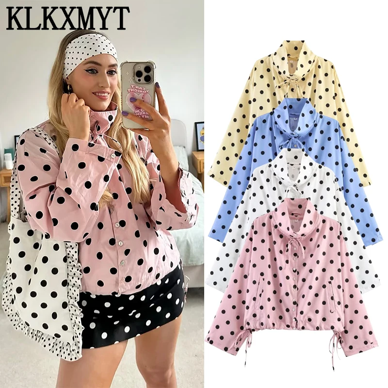 

Женская весенняя куртка KLKXMYT с длинным рукавом в горошек, модная однобортная укороченная куртка с высоким воротником и завязками, повседневная куртка в уличном стиле