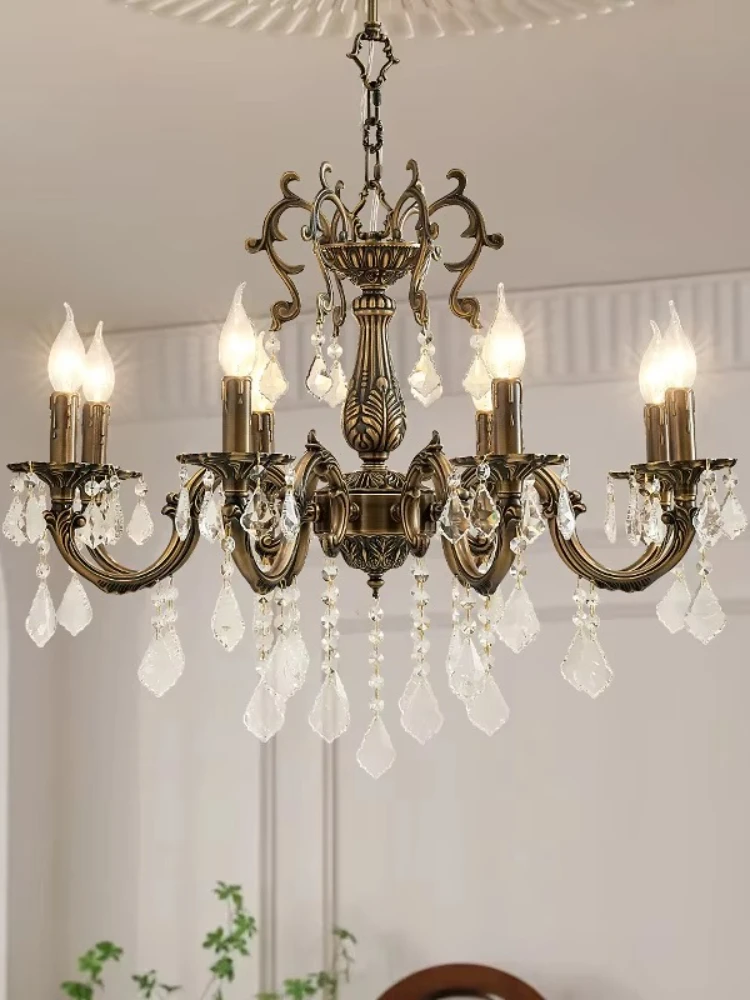 European retro copper chandelier with K9 crystal new fashionable long lamp, suitable for hotel living room and bedroom