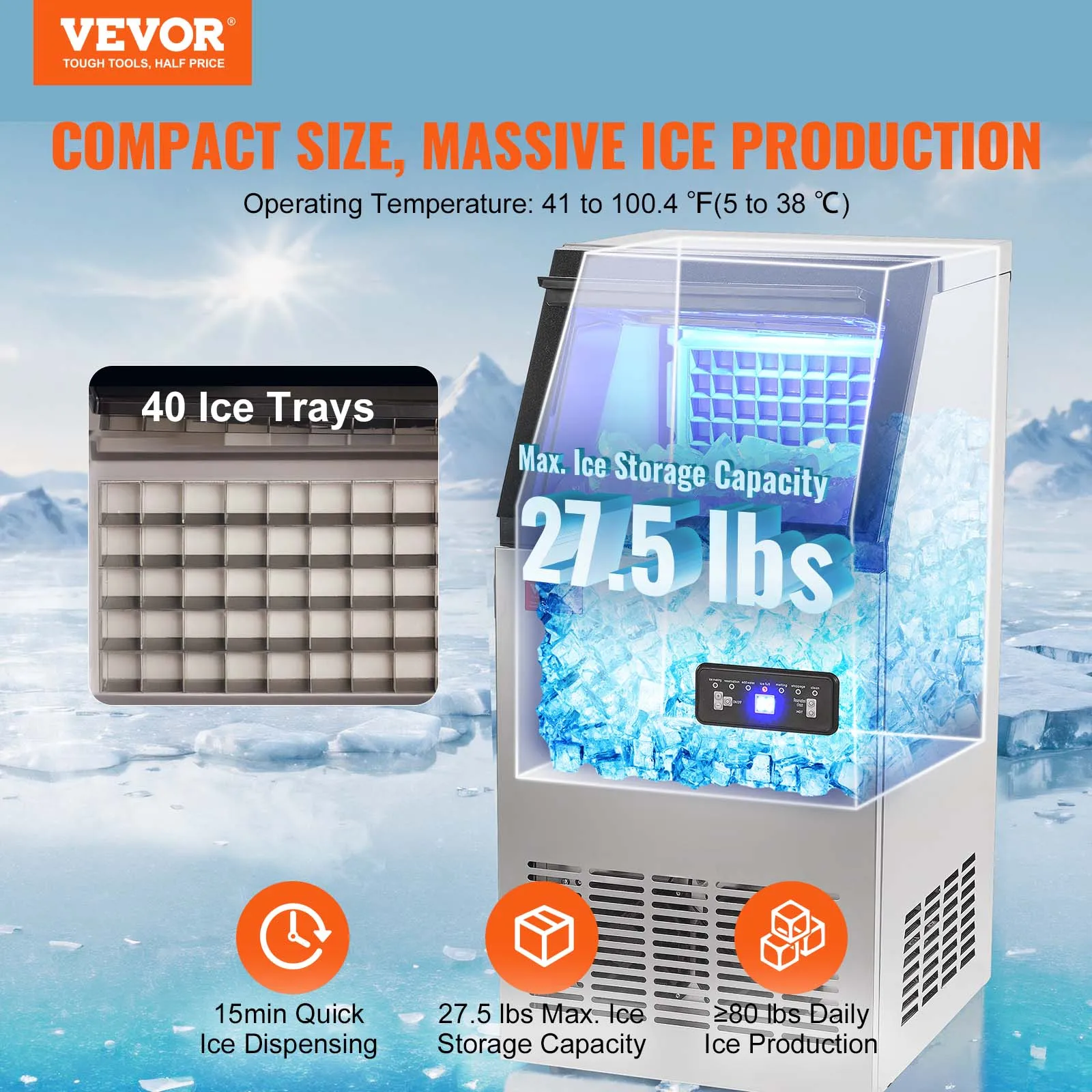 VEVOR Máquina para Hacer Cubitos de Hielo Comercial 38kg/24h, 40 Bandejas para Cubitos de Hielo Capacidad de Almacenamiento de 12,5kg Autolimpieza Sin Instalación Independiente para Hogar, Restaurante