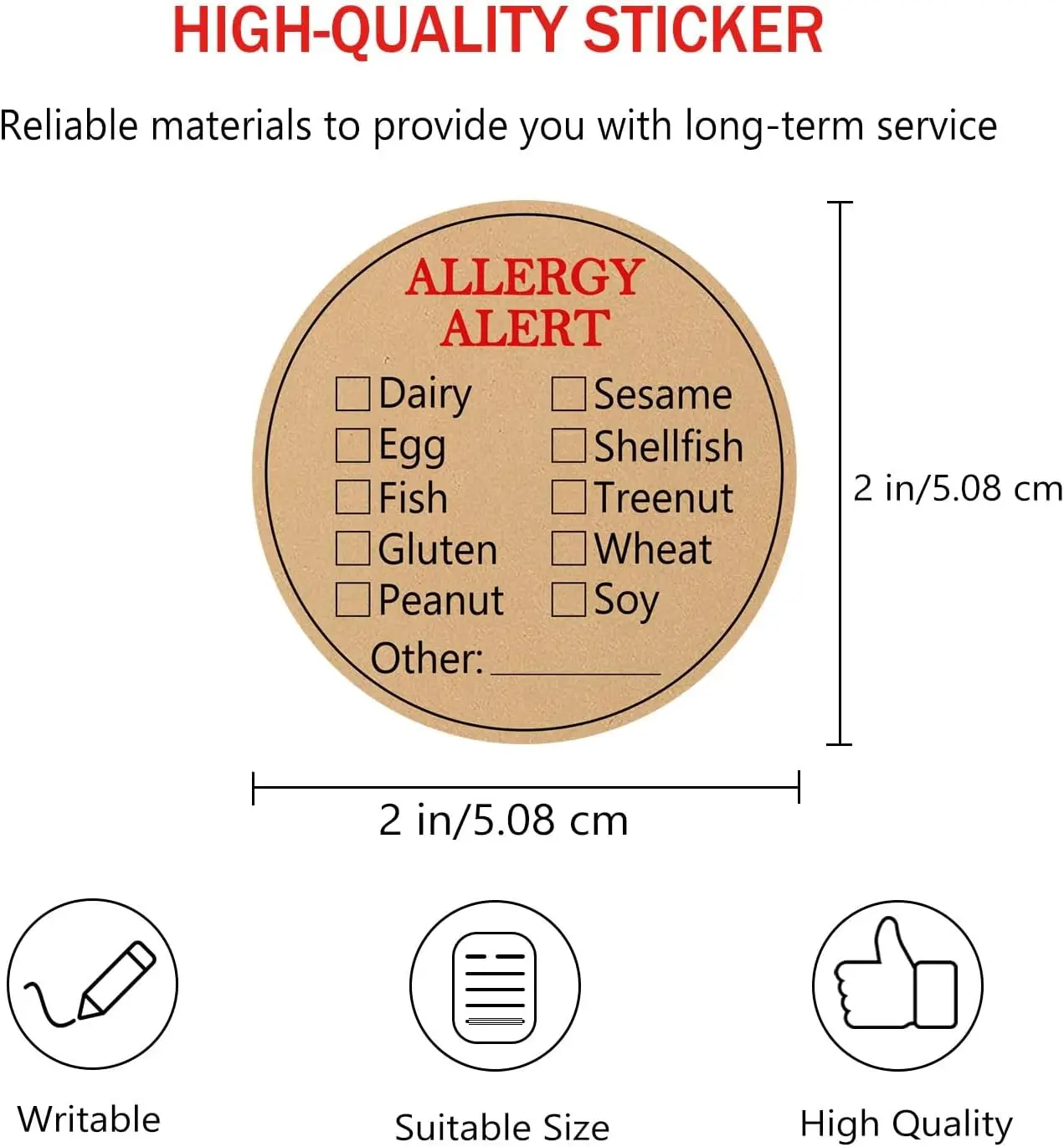 500 Pcs Allergen Warning Stickers Labels 2 Inch Kraft Allergy Warning Sticker Round Food Rotation Labels Adhesive Allergies Stic