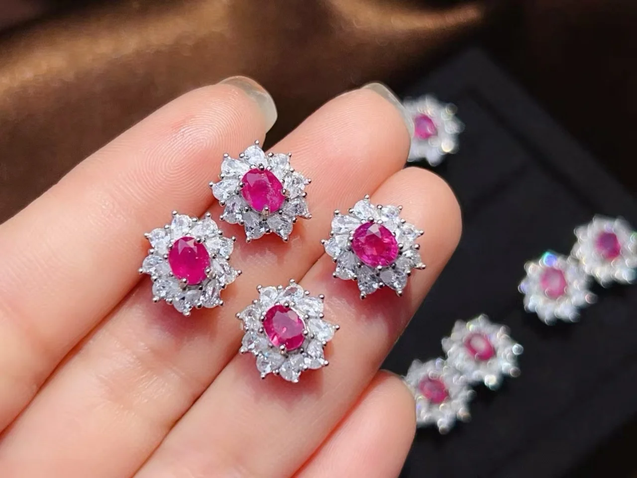 Certificate 925 Silver Natural Mozambique Ruby Flower Stud Earrings Luxury Genuine Gemstone Daisy Floral Ear Cuff Fine Jewelry
