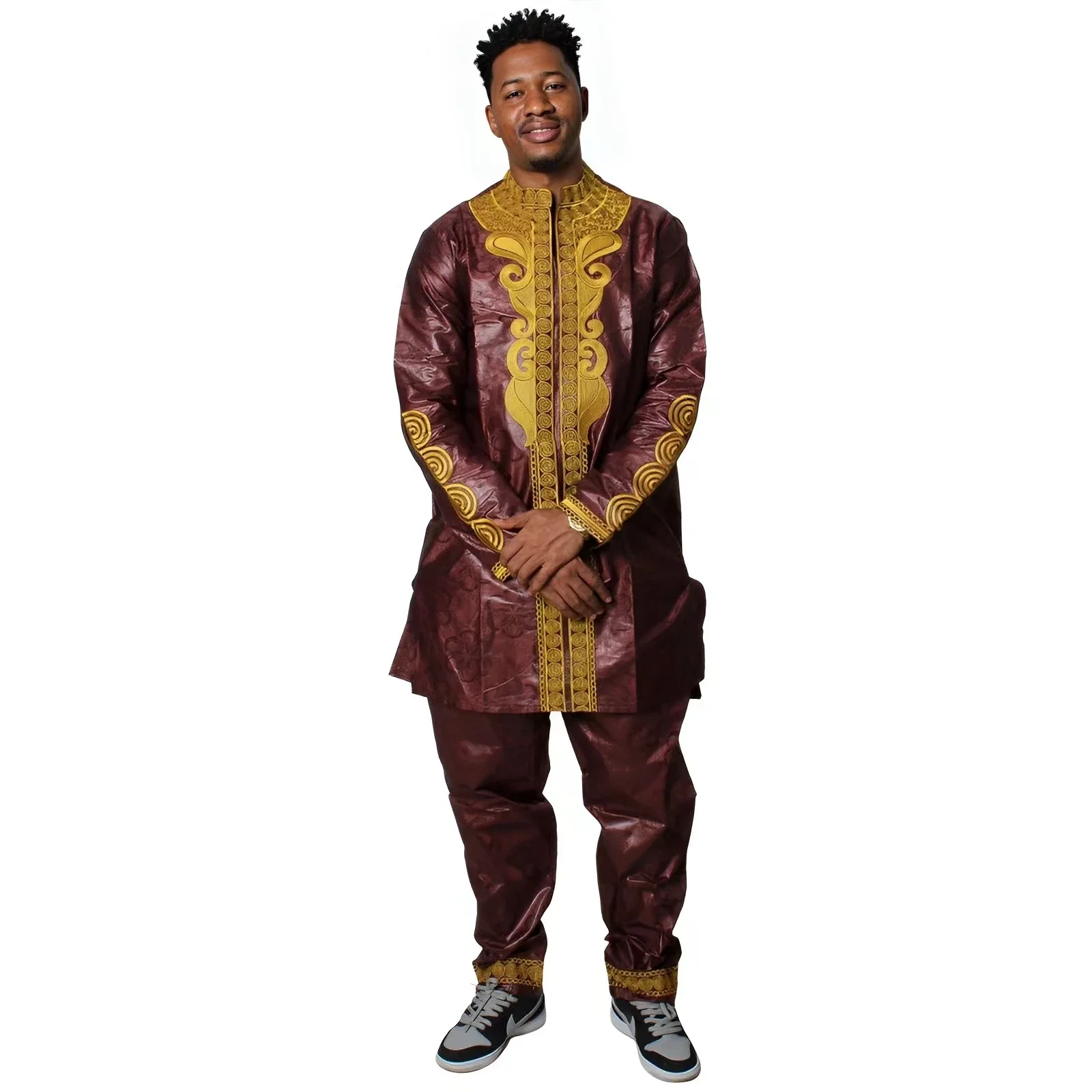 African Man Fashion Bazin Riche Embroidery Design Long Top With Pants Without Shoes