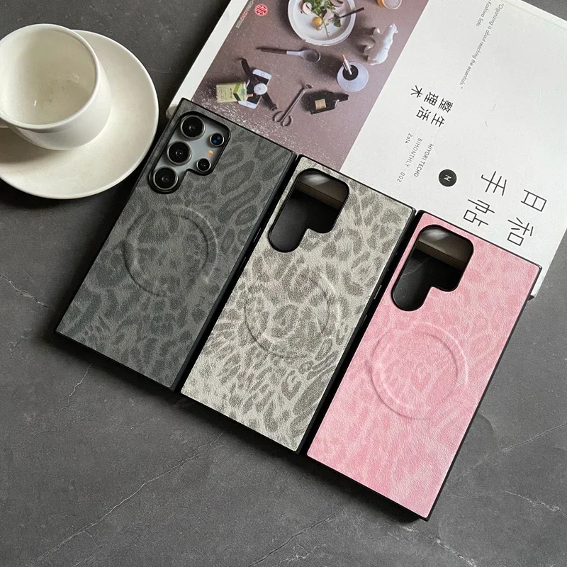 Luxury Business Magnetic Leather Phone Case for Samsung Galaxy S25 S24 S23 S22 Ultra Plus FE Leopard Floral Shockproof PU Cover