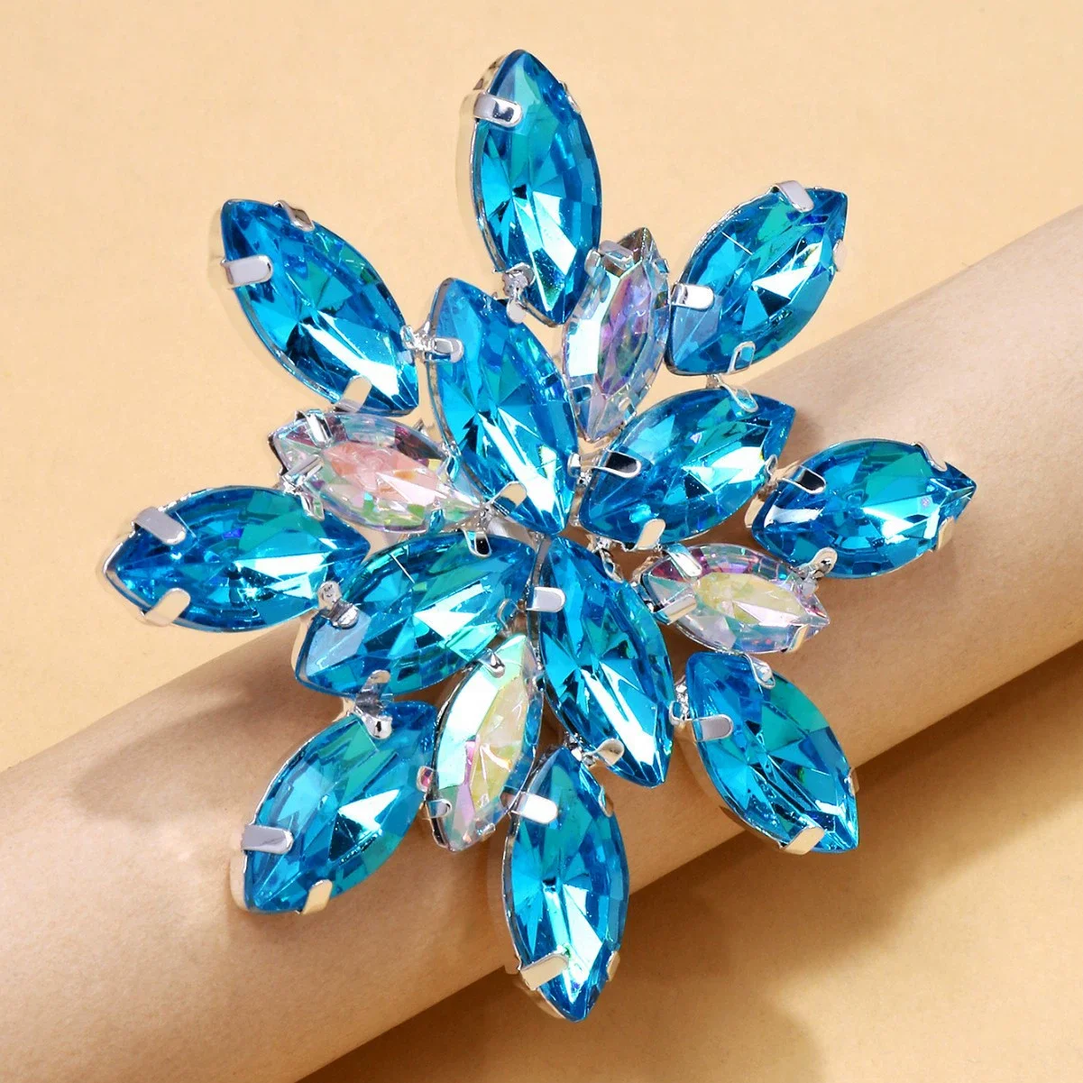 Stonefans Crystal Blue Flower Ring for Women Wedding Vintage Finger Exaggerated Statement Jewelry 2025 Accessories Gifts Party