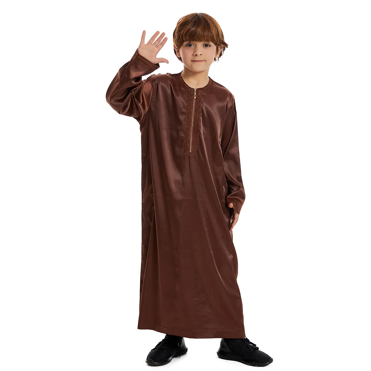 Eid Ramadan Boys Robe O-neck Arabic Long Sleeve Thawb Islamic Muslim Thobe Prayer Garments Saudi Dubai Jubbas Kids Caftan110-160