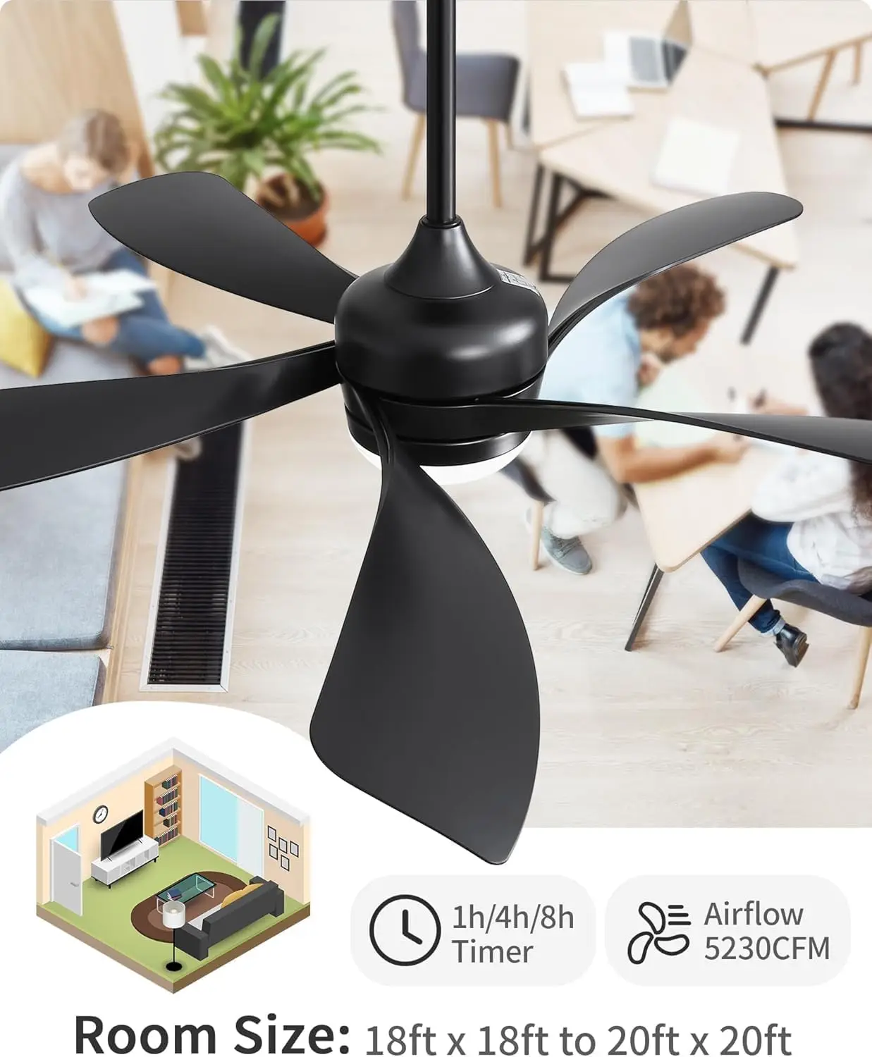 52 inch Black Ceiling Fans with Lights, Ceiling Fan with Light and Remote Control, Modern, Flush Mount, 5 Blades, Quiet