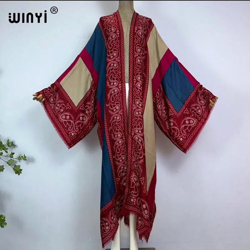WINYI Fashion Kimono Print Coat Long Sleeve Cardigan Abaya Muslim Woman Cover Up Boho Dress Kaftan Abaya Dubai Luxury Caftan