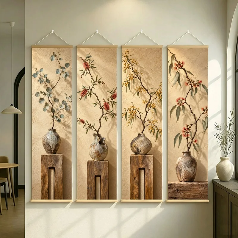 Wall Decor Red Flowering Gum and Mimosa, Natural Wabi-Sabi Botanical Silver Shimmer Canvas Hanging Scroll for Yoga Studio