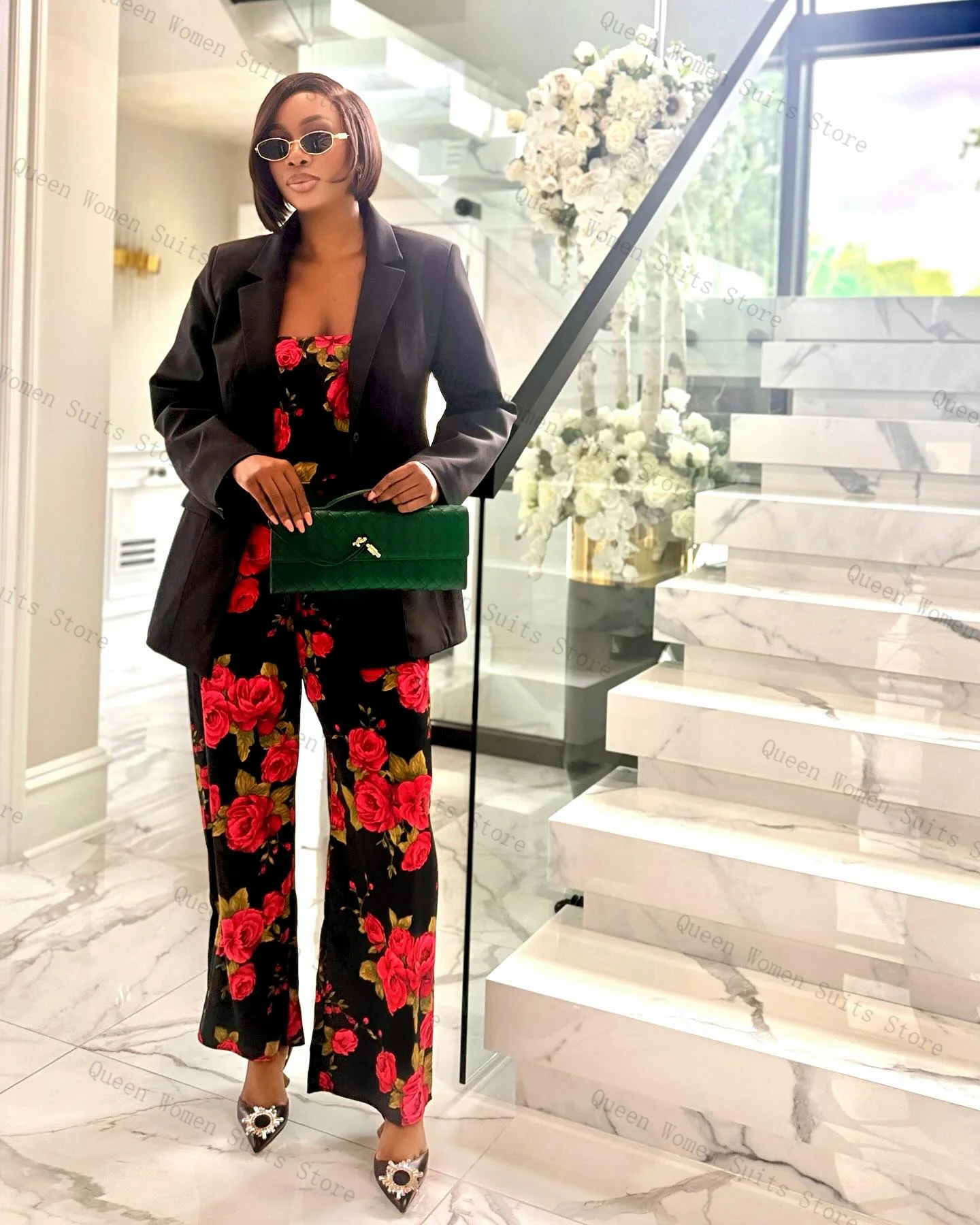 Ensemble de costume à fleurs pour femmes, 3 pièces, haut, soutien-gorge, Blazer, pantalon, formel, bureau, veste noire, manteau de mariage personnalisé