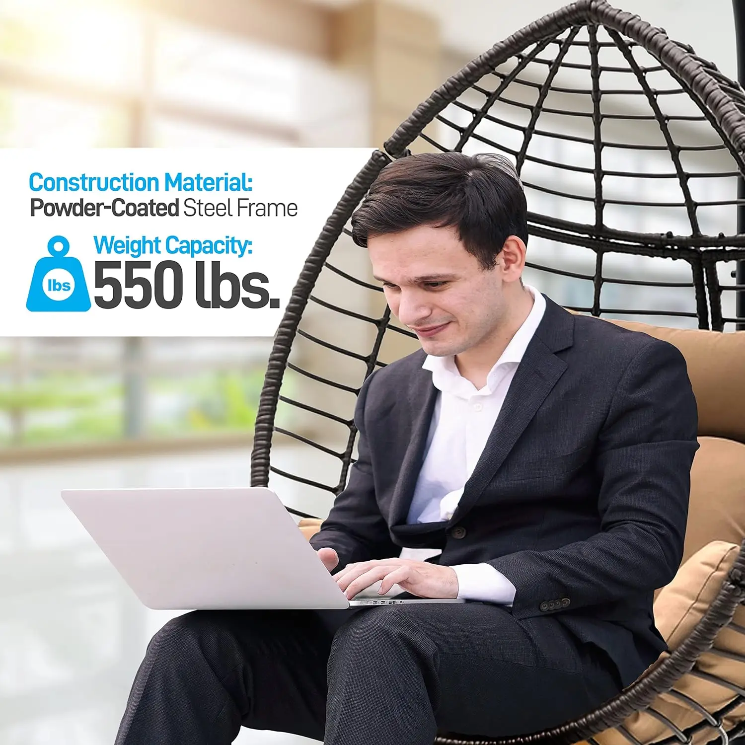 Wicker Rattan pendurado Egg Chair com suporte, lavável Rattan Lounge Chair, Frame de aço, pátio interior e exterior