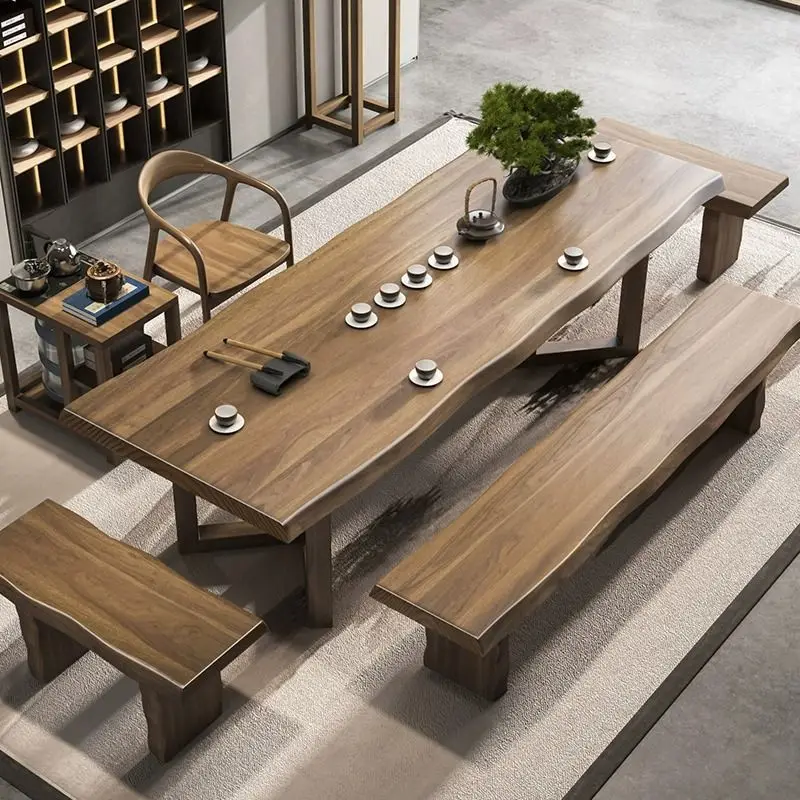 Solid wood tea table and chair combination New Chinese-style living room complete set Large board tea table Office log