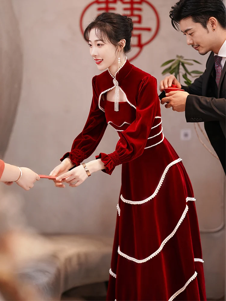 

Red Wedding Dr 2025 New Sle Luxury Sensation oulder awl Engagement Return Home Ceremony Women's Dr Vintage Sle ...