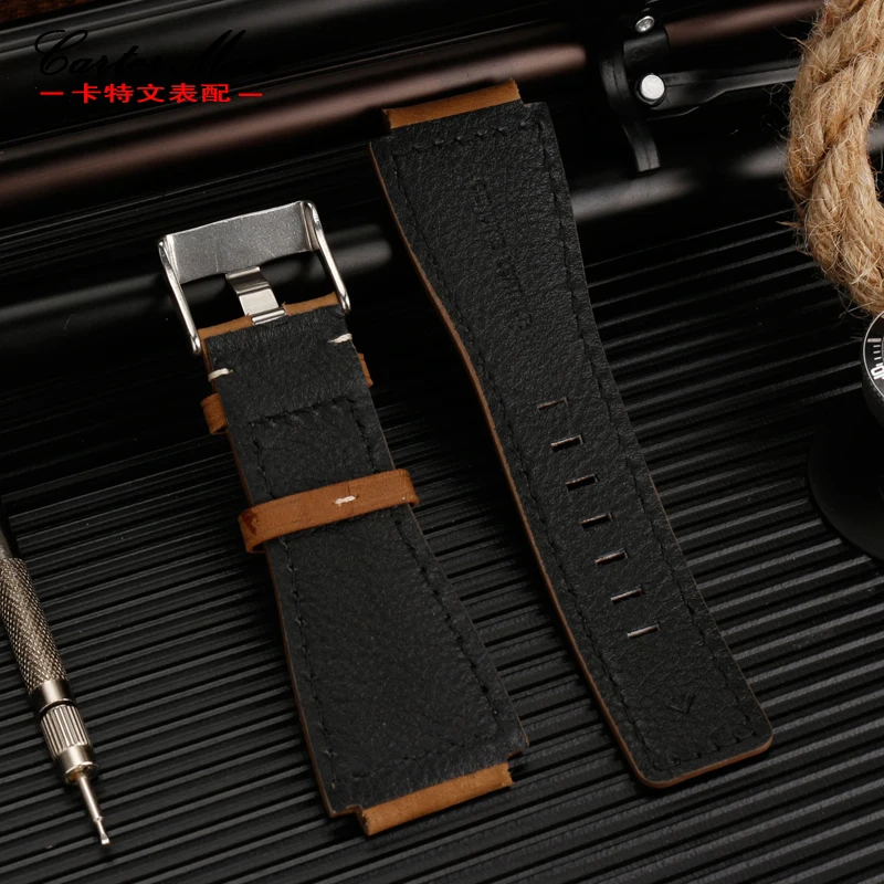 For Bell Ross B&R BR-01 BR-03 Men Genuine leather watchband cowhide 35-24mm convex silicone rubber waterproof watch strap Tool