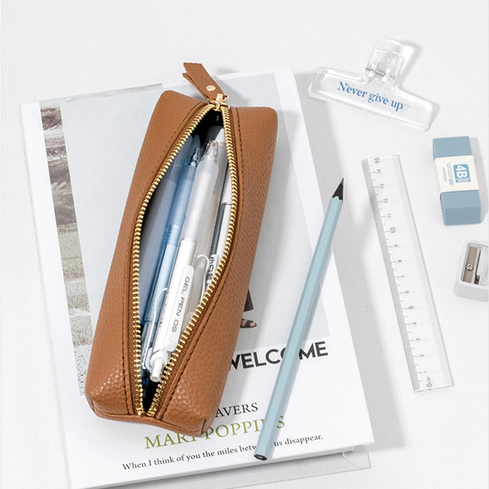 Simple PU Leather Pencil Case Business Office Pen Storage Bag Signature Pen Portable Leak-Proof Zipper Stationery Pen Pouch