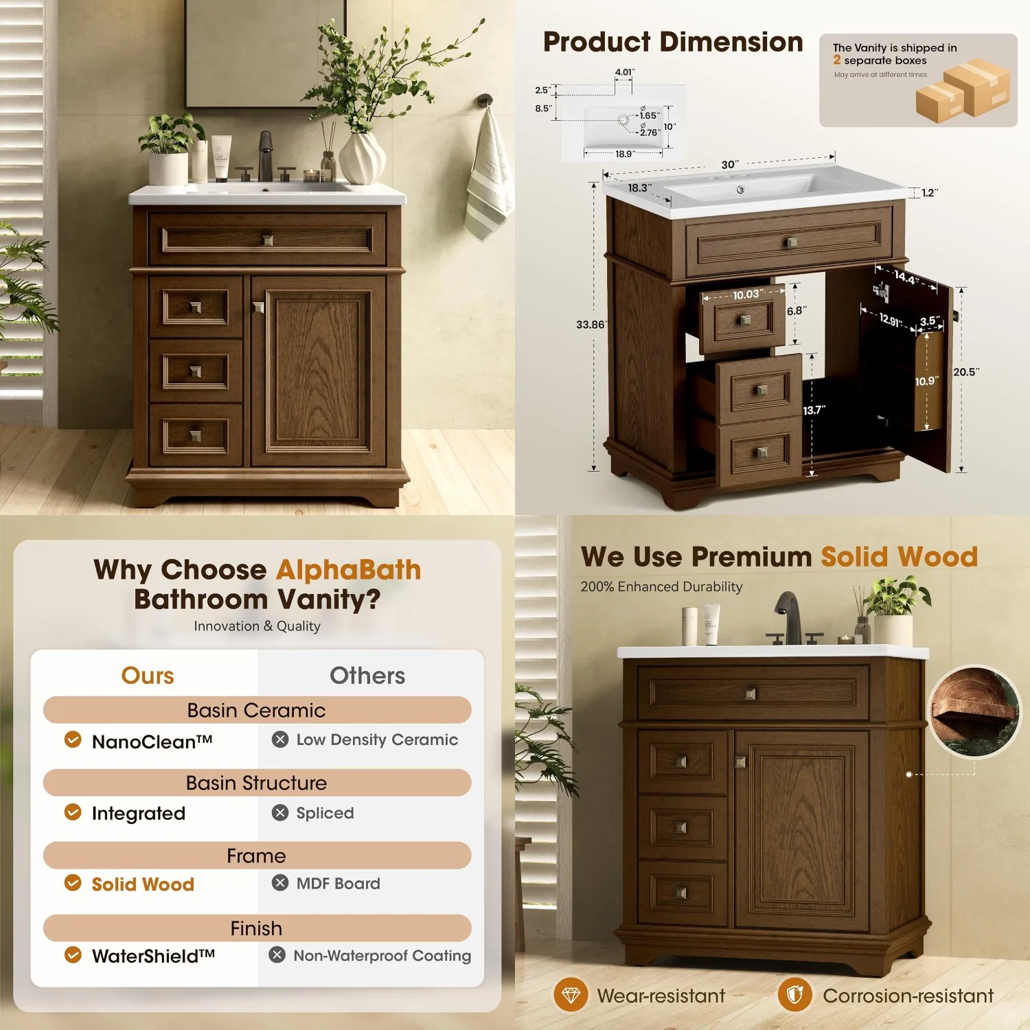

30in Solid Wood Bathroom Vanity w/ Nano Clean Integrated Sink, Soft Close Door & 2 Drawers, Easy Assembly, Walnut, Customized