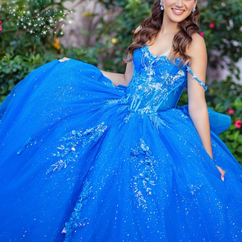 

Royal Blue Shiny Ball Gown Quinceanera Dresses Applique Flower Beading Crystal Bow Tull Corset Off Shoulder Sweet 16 Dress