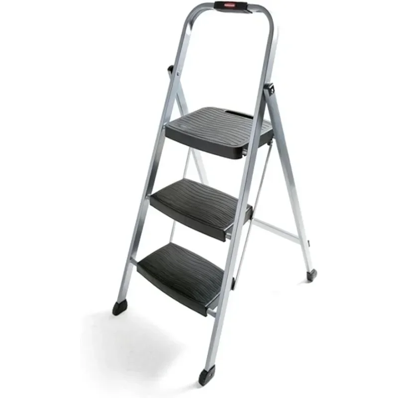 Folding Step Ladder Steel Frame Silver Chrome Home Living Sturdy Durable Anti Slip Easy Assembly Stable Comfortable