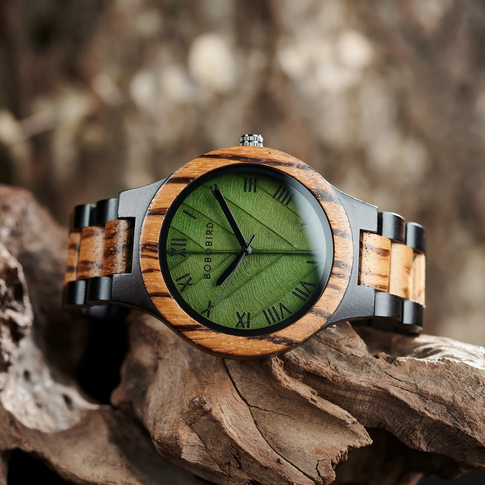 BOBO BIRD Mens Watches Leaf Dial Design Wooden Quartz Watch Casual Wristwatch for Men, Support Personalized, Drop Shipping