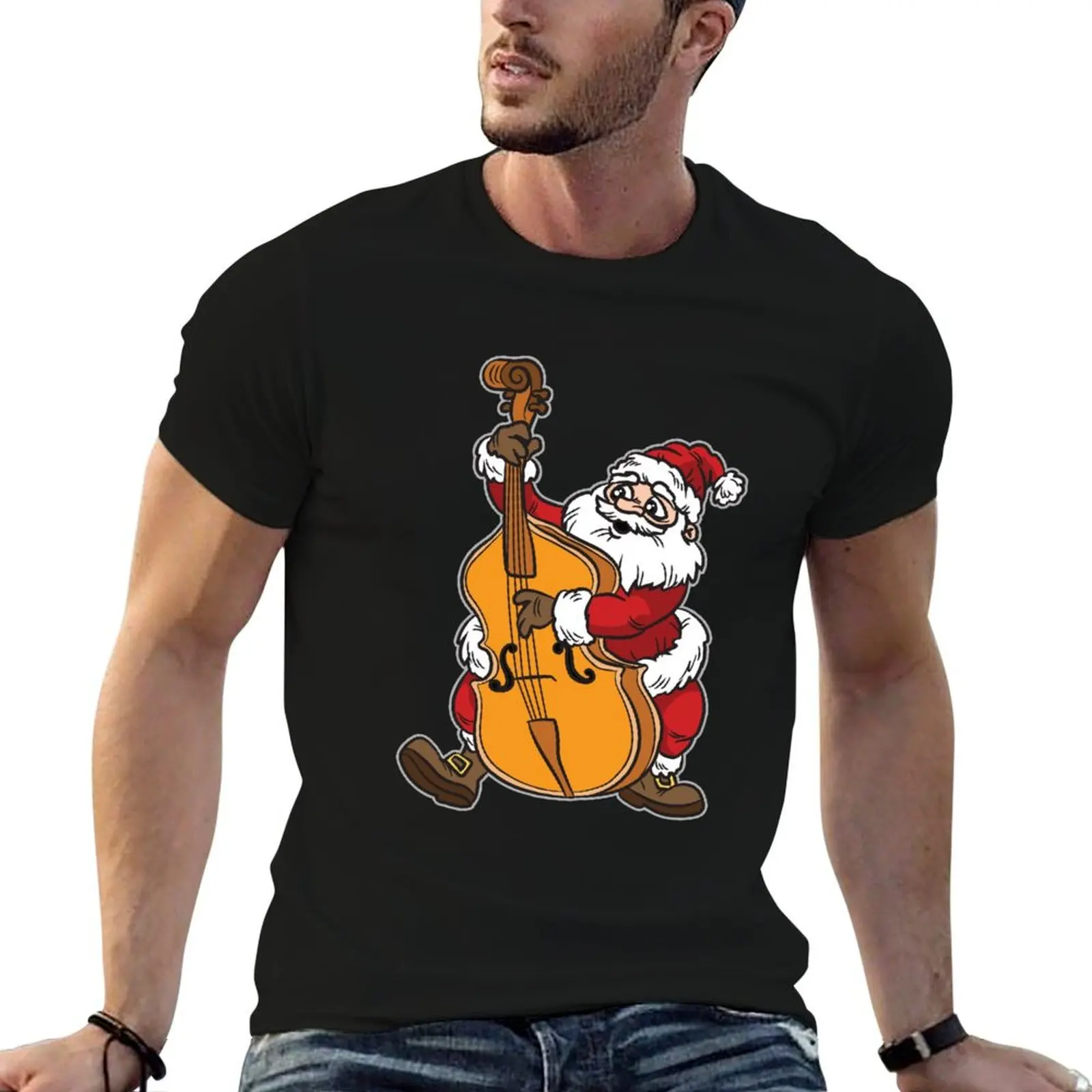 

Santa playing the Double Bass Player Musician T-Shirt man t shirts cotton man t shirt graphic T-Shirt
