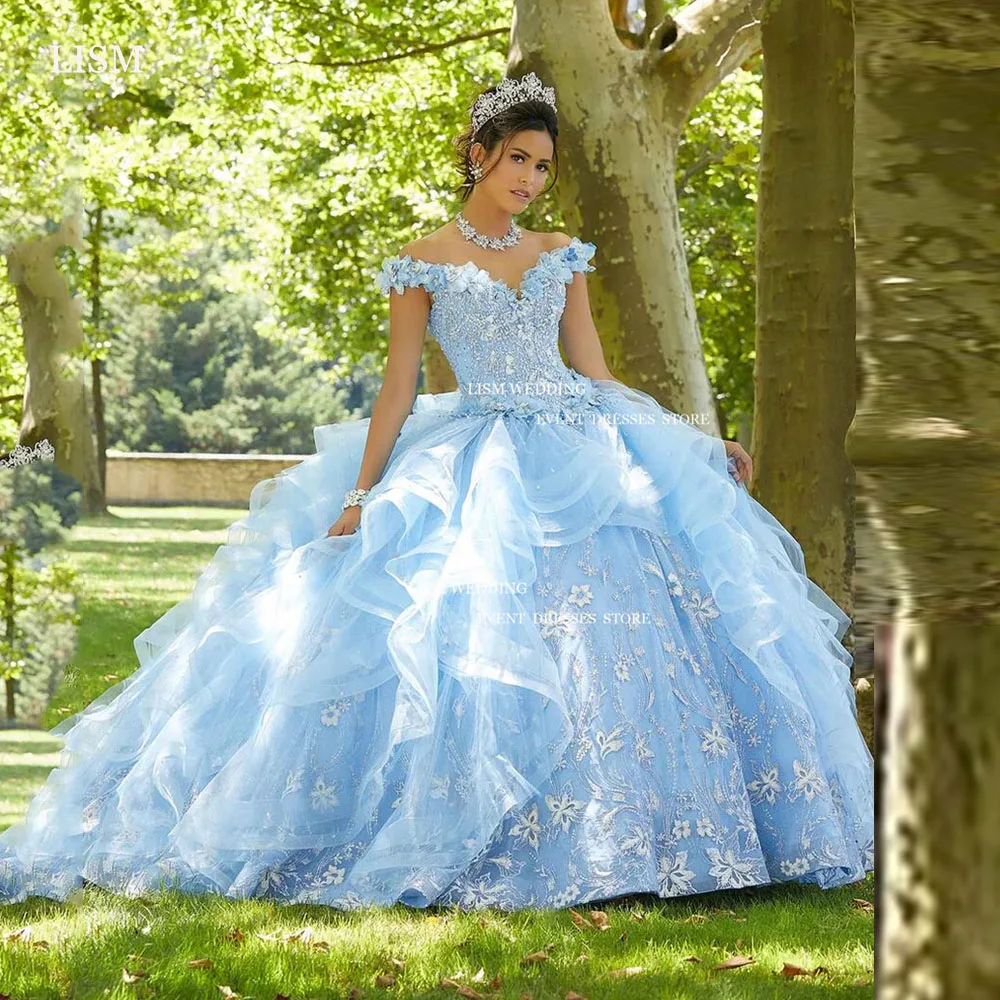 

LISM Gorgeous Glitter 15 Quinceanera Dresses Beadings Off The Shouder Sweetheart Ruffles A-Line Ball Gown Birthday Party Dress