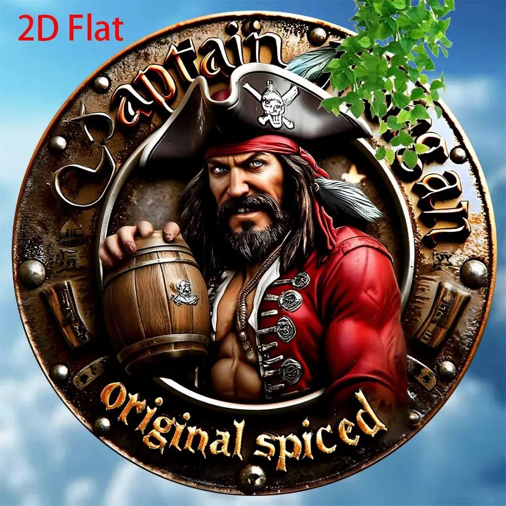 2D Flat, for MORGAN Original Spice Retro Metal Wall Art Captain - 20.32x20.32cm Round Aluminum Sign with Pirate Design for Home,