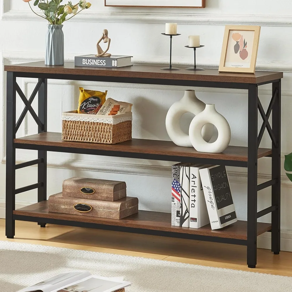 Rustic Sofa Table with 3 Tier Wide Shelf and Metal Frame, Hallway Table for Entryway,Living Room,Brown,47''