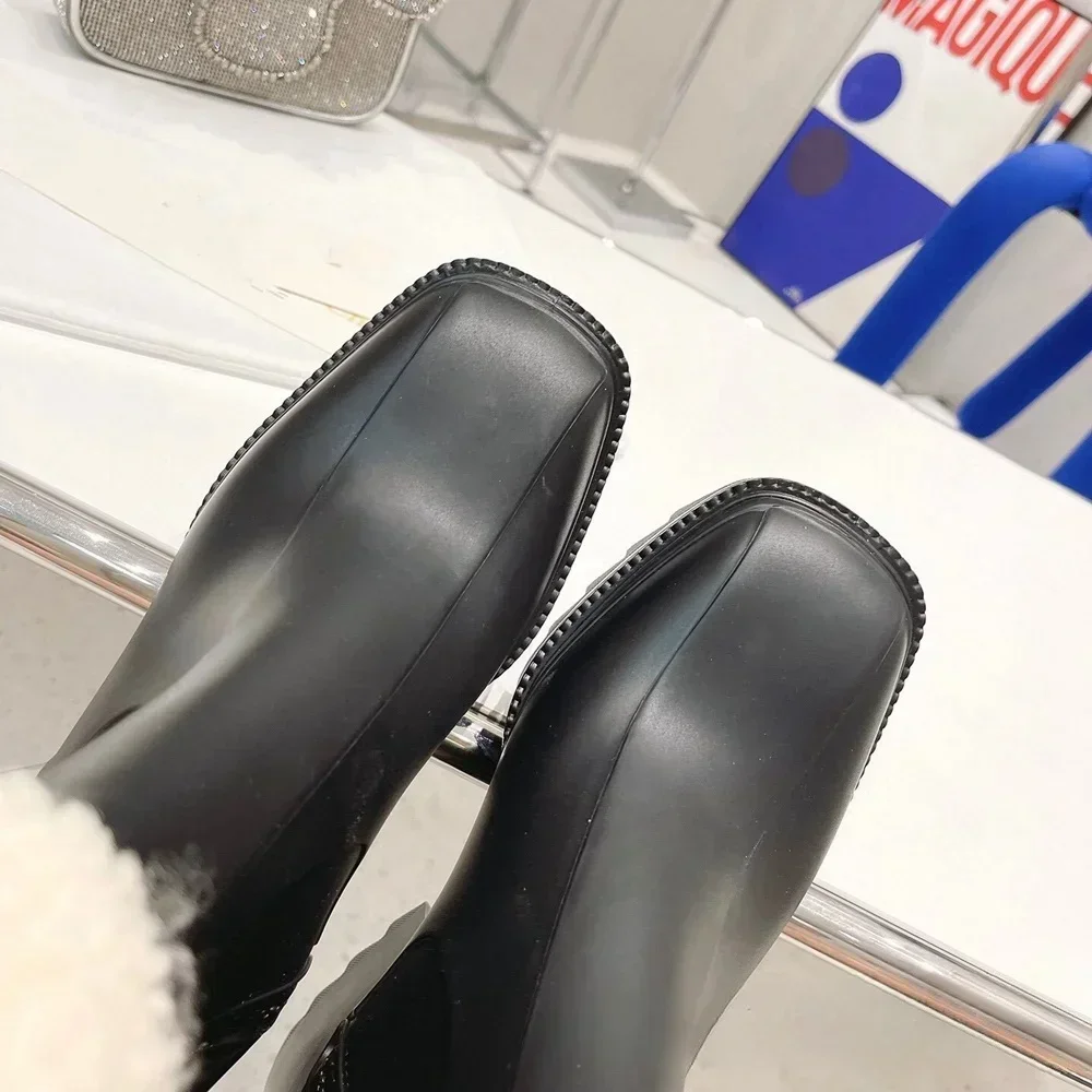 Wool Luxury Mid Calf Boots Women Square Toe Chunky Heel Side Zipper Non-slip Solid Rain Boots Fashion Elegant Warm Winter Boots
