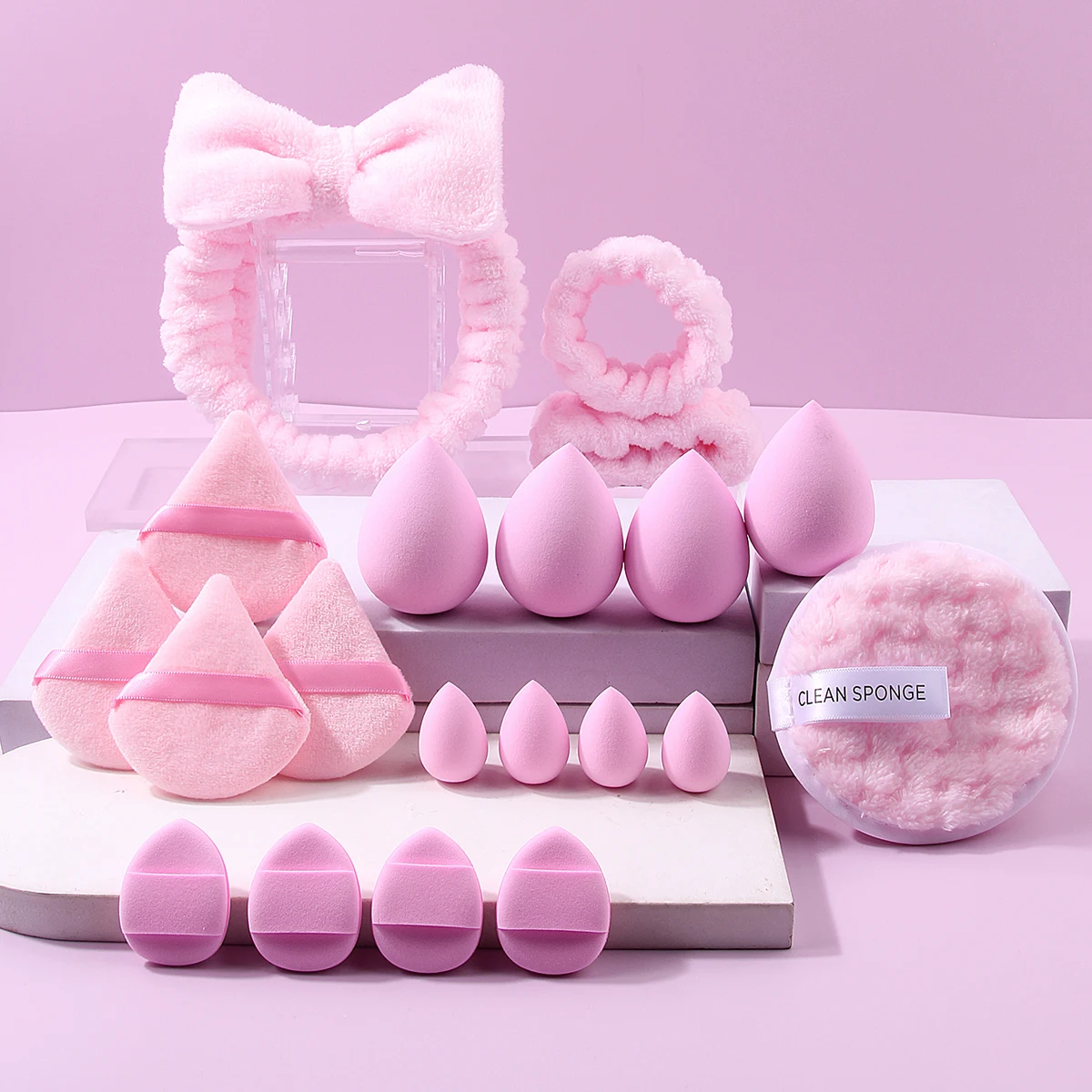 헤어밴드와 손목 스트랩이 포함된 핑크색 클렌징 및 메이크업 세트 20개, 부드러운 스펀지 에그 파우더 퍼프 및 라운드 클렌징 퍼프