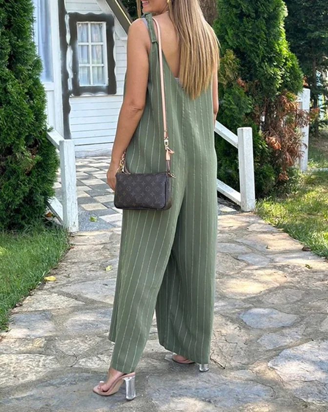 Women's Striped Print Jumpsuits Summer Fashion Women V Neck Shoulder Tied Detail Jumpsuit Female Casual Wide Leg Loose Romper