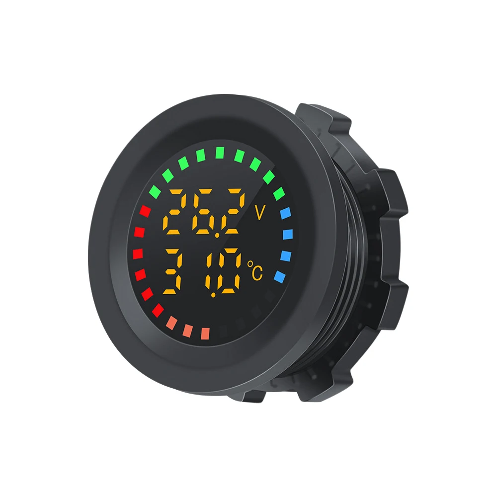 12-24V Car Round Color Screen Temperature Voltmeter Auto Voltage Test Dual Display Digital Measurement for Car Motorcycle RV