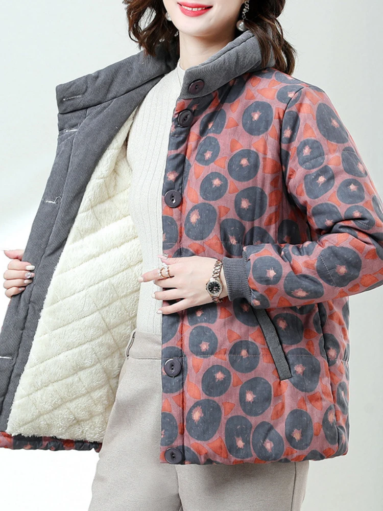 Giacca imbottita in cotone con stampa retrò corta colletto alla coreana stile invernale da donna cappotto trapuntato in peluche e addensato Mujer Chaqueta