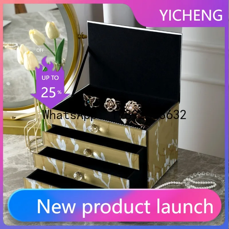 A-2. Jewelry box: Large capacity exquisite earrings, necklaces, rings, jewelry storage boxes, glass mirrors