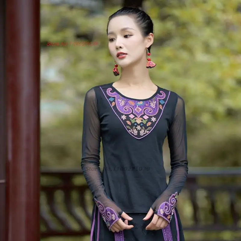 2025 chinese traditional o-neck t-shirt women national flower embroidery elastic mesh shirt oriental vintage ethnic base shirt