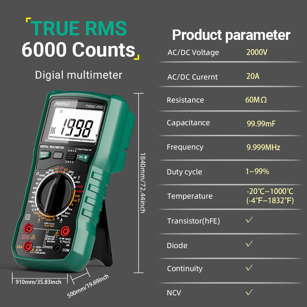 MASTFUYI 2000 V/20 A 6000 Counts True RMS Photovoltaik Digitalmultimeter Ohm, Hz, Kapazität, Diodentester und NCV-Testwerkzeuge