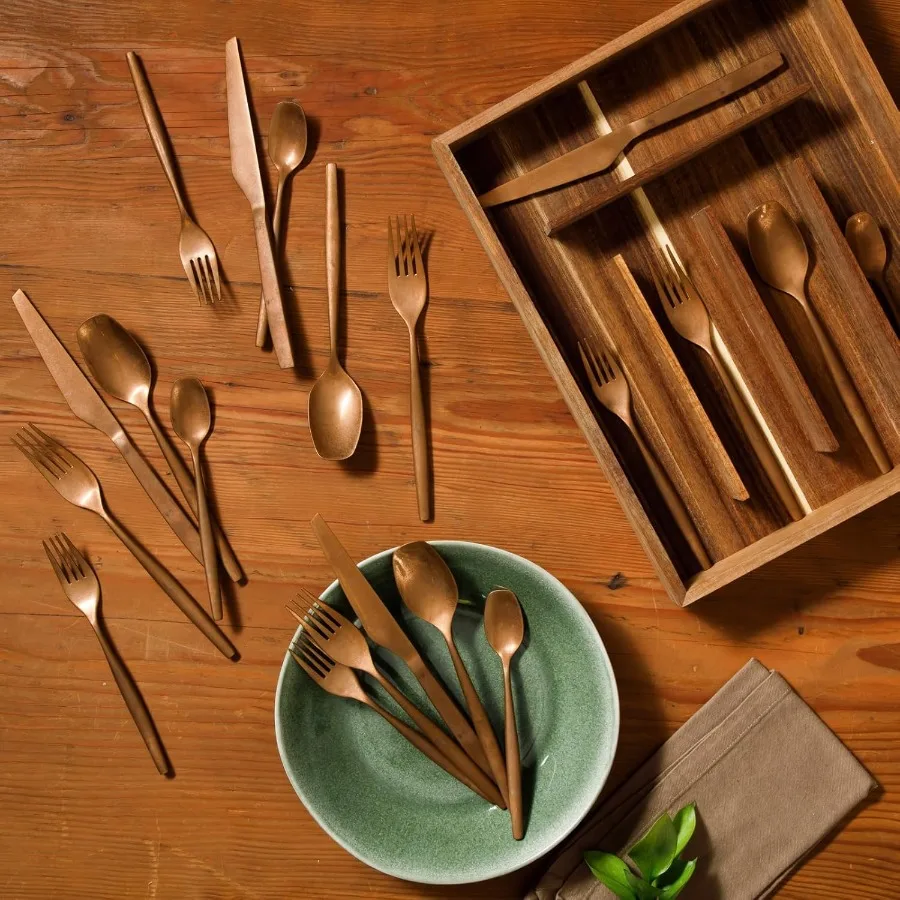 20 قطعة من أدوات المائدة المصنوعة من الحجر المغسول باللون الذهبي الوردي 18 10 مجموعة أدوات المائدة الفضية المصنوعة من الفولاذ المقاوم للصدأ مع خدمة علبة خشب السنط fo #5