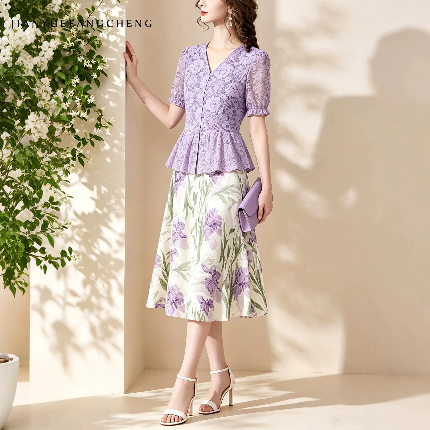 Summer Women Two Piece Outfit Purple Lace V-neck Peplum Top Floral Midi Skirt Vintage Elegant Ladies Party Matching Set
