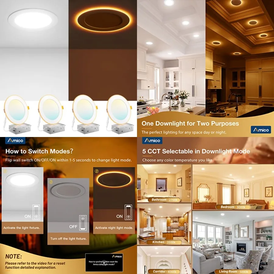 4 Pack 6 Inch 5CCT LED Recessed Ceiling Light with Night Light, 2700K/3000K/3500K/4000K/5000K Selectable Ultra-Thin Recessed Li