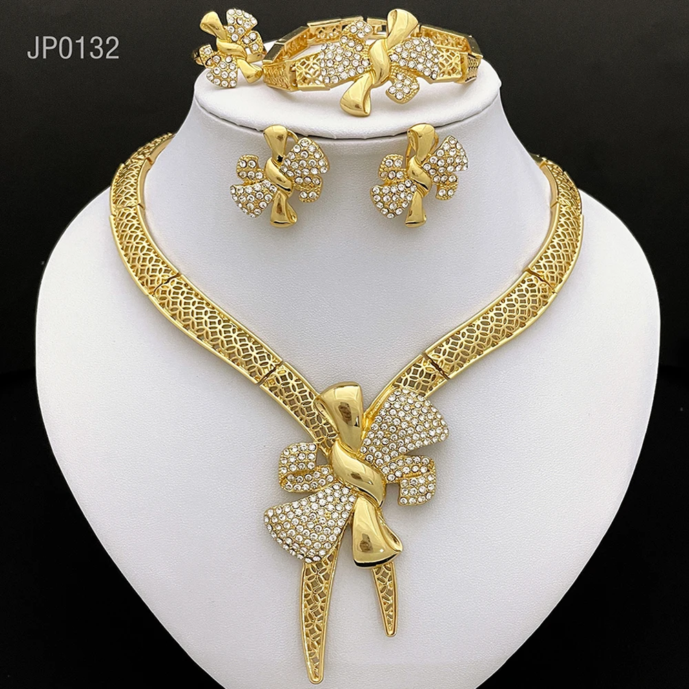 Italy 18k Gold Plated Women Jewelry Set Classic Design Bowknot Necklace Earring Bracelet And Ring 4PCS Set Jewelry Wedding Party