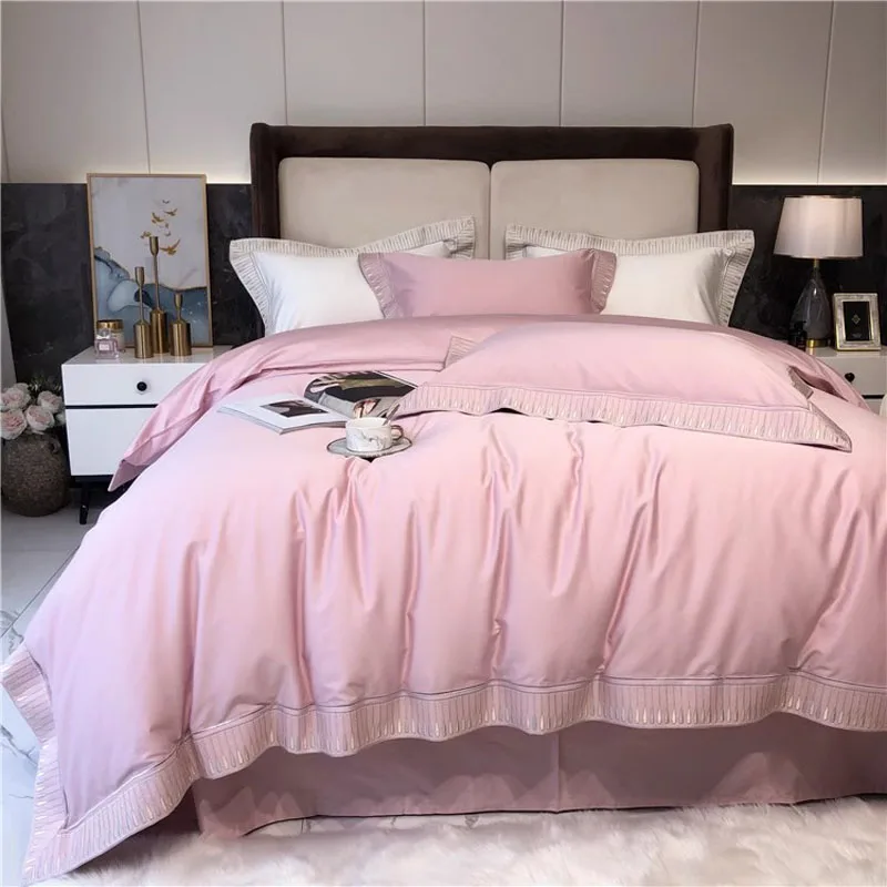 

2024 New Four-piece Bedding Simple Cotton Double Household Bed Sheet Feather Atterns Quilt Cover Comfortable Bedding Pink Color