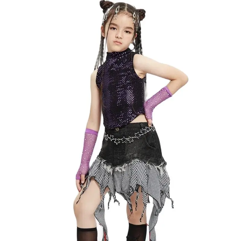 Children'S Kpop Stage Outfits Sequins Vest Irregular Skirt Girls Cheerleading Jazz Dance Costume Kids Hip Hop Clothing XS8304