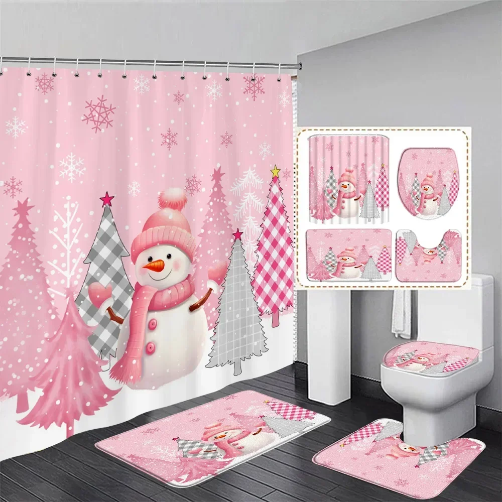 Cute Snowman Shower Curtain Set Winter Forest Xmas Trees Snowflake Pink Christmas Decoration Bathroom Bath Mats Toilet Lid Cover