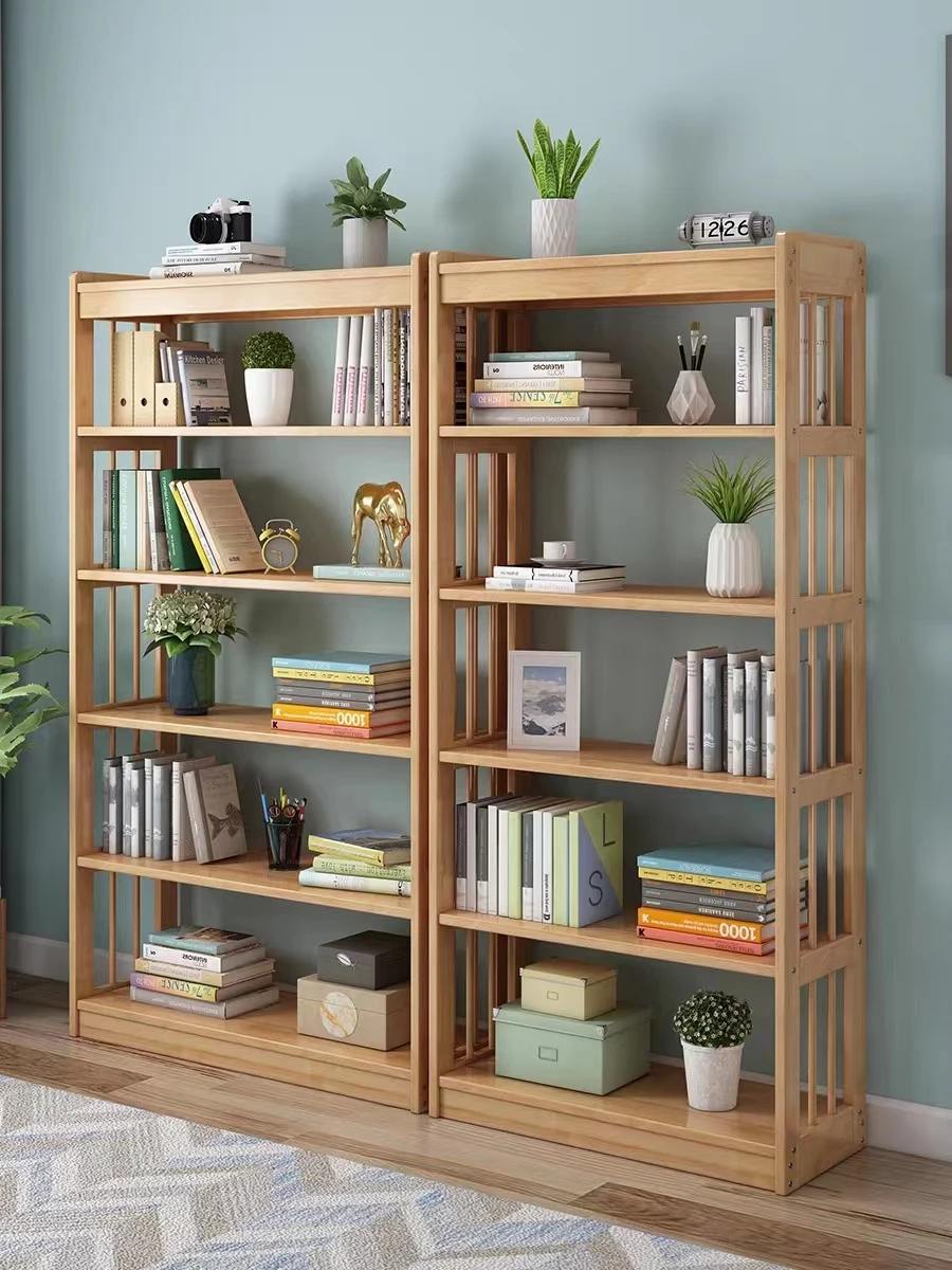 Simple modern all-solid wood bookshelf living room floor-to-ceiling wall shelf household multi-functional bookcase storage