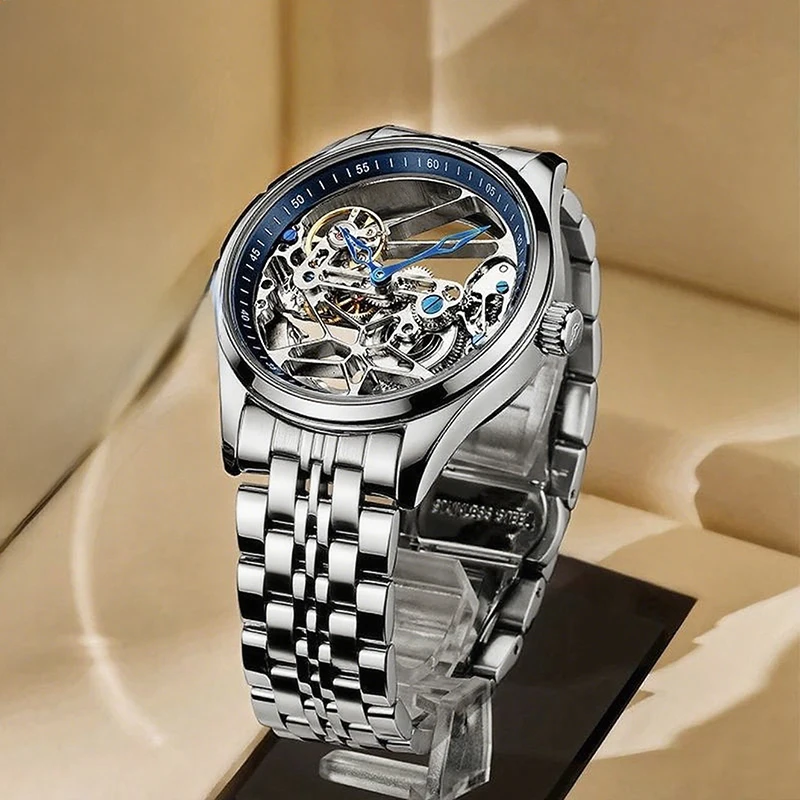 A Men's Silver Stainless Steel Minimalist Business Starfish Double-Sided Hollow Automatic Mechanical Watch