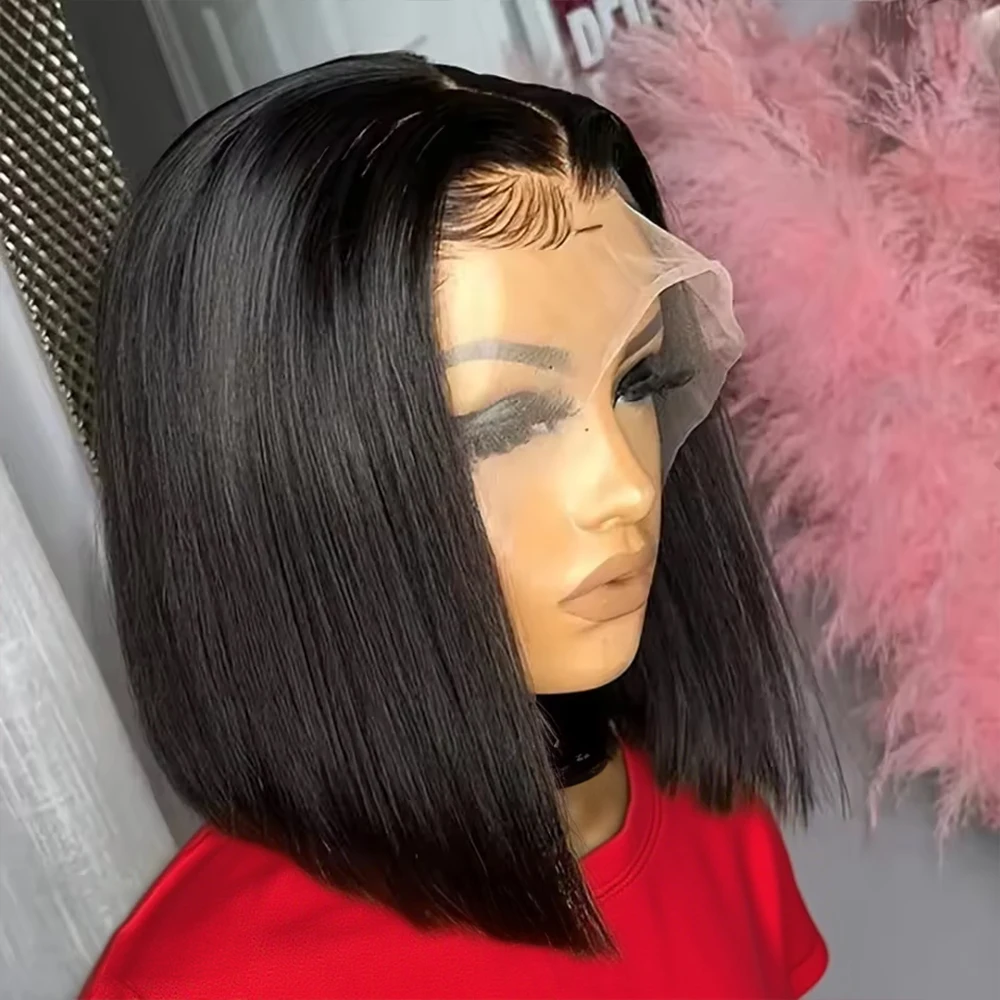 

Бесшовный парик из 100% натуральных индийских волос, плотность 250%, натуральный черный цвет, короткий боб, прямые волосы, парик с HD-кружевом 13x4/13x6