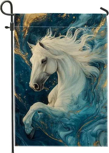 Majestic White Horse Ocean Themed Garden Flag, Blue Swirling Waves, 12x18 Inch RRI