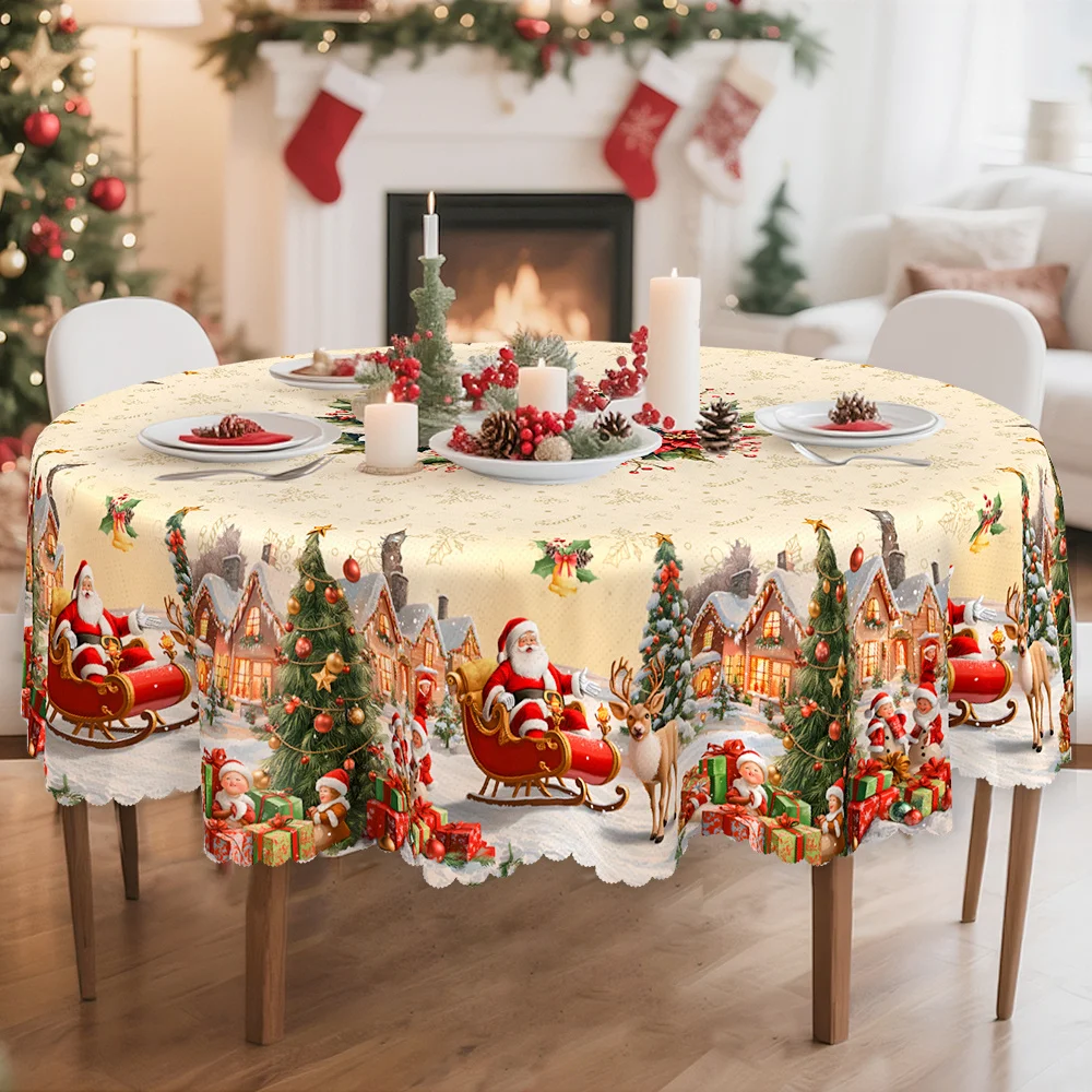 Christmas tablecloth, with red decorations, featuring patterns of Santa Claus, reindeer, Christmas tree, gifts and houses.zyc