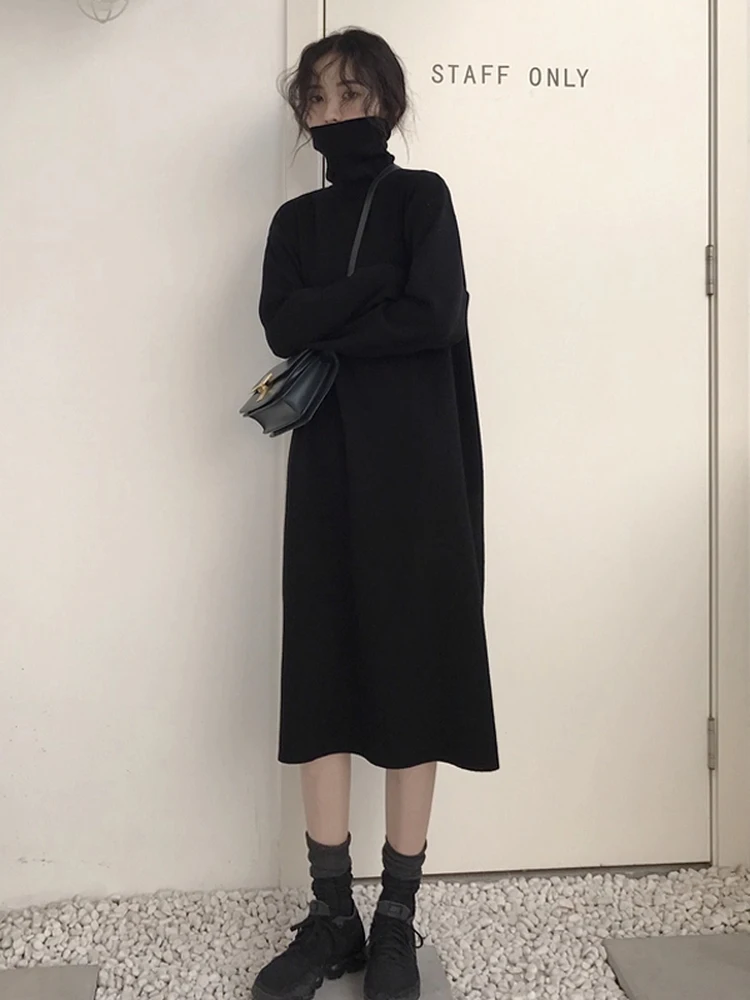 

Loose Fit High Neck Long Sleeve Black Knitted Dress Women's Autumn Winter plus Size Lazy Style Sweater Dress Versatile for Coat