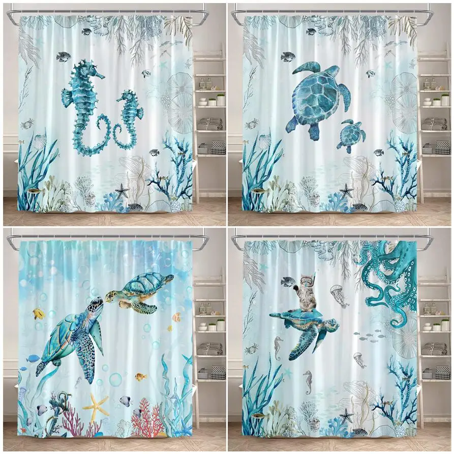 

Funny Sea Turtle Shower Curtain Seahorse Octopus Starfish Coral Watercolour Ocean Animals Bathroom Curtains Set Decor With Hooks